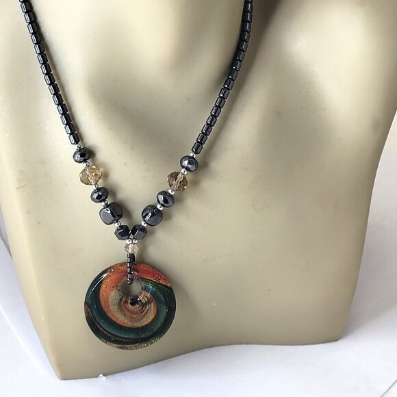 Hematite Necklace Murano Glass Rainbow Twirl Pendant - Picture 4 of 15